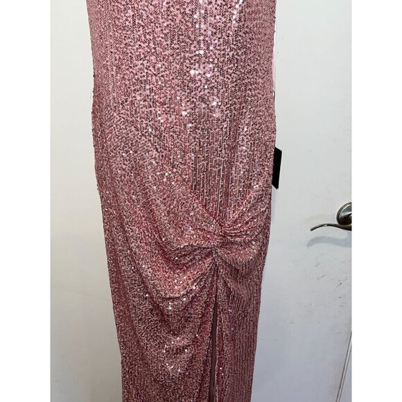 NWT Leena for Mac Duggal Pink Sequined Halter Strap Low Side Knot Gown Size 8 - Picture 8 of 16